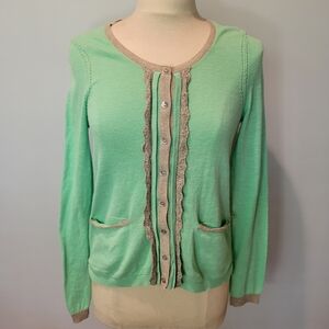HWR Anthropologie Green Glimmerade Ruffle Sweater Cardigan SZ M